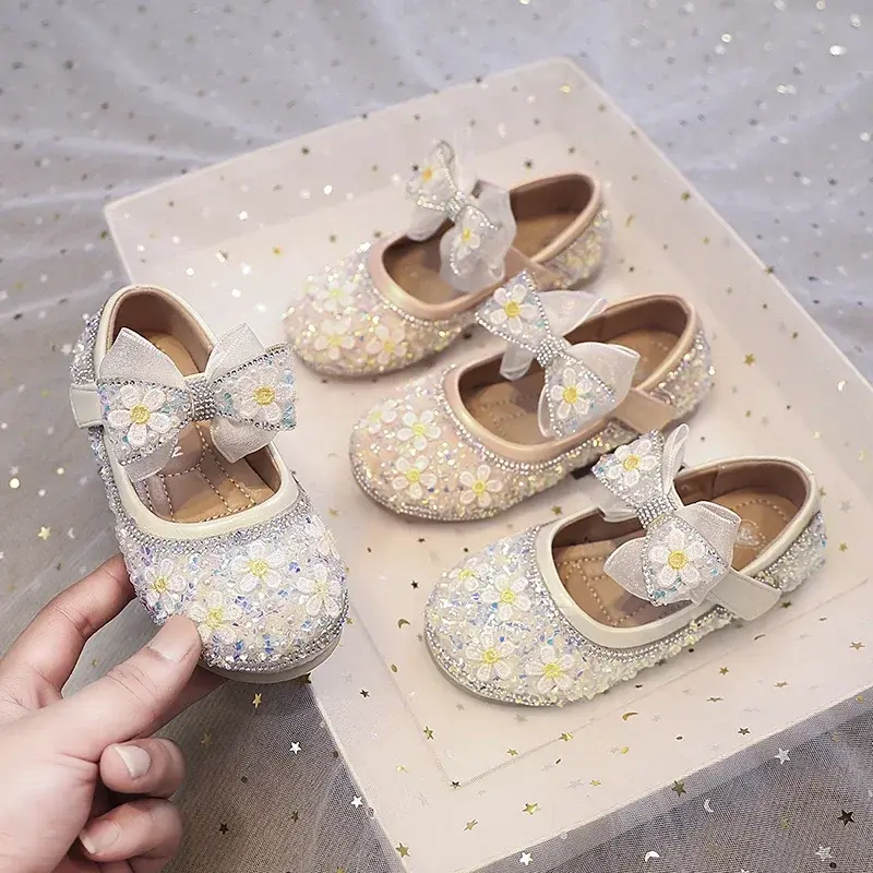 Girls Leather Shoes Round Toes Mesh Lace Bow 2025 New Kids Flat Shoes Round Toes Ins Trendy Girls Princess Shoes Sweet Flowers