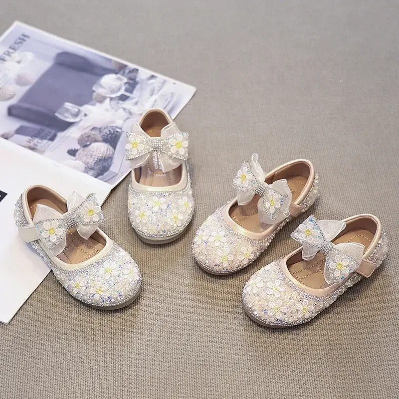 Girls Leather Shoes Round Toes Mesh Lace Bow 2025 New Kids Flat Shoes Round Toes Ins Trendy Girls Princess Shoes Sweet Flowers