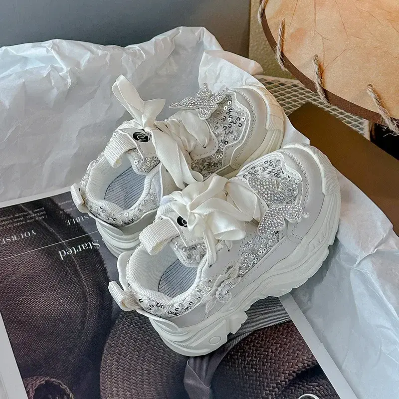 Girls Princess Shoes Non-slip Thick Soft Sole Kids Sneakers Crystal Butterfly 2025 New Children Running Shoes Shiny Sequin Sweet