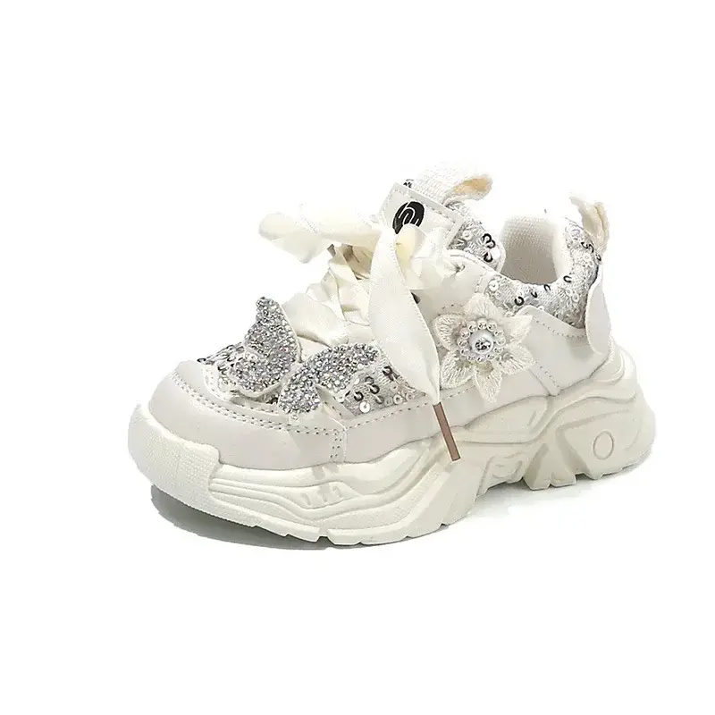 Girls Princess Shoes Non-slip Thick Soft Sole Kids Sneakers Crystal Butterfly 2025 New Children Running Shoes Shiny Sequin Sweet