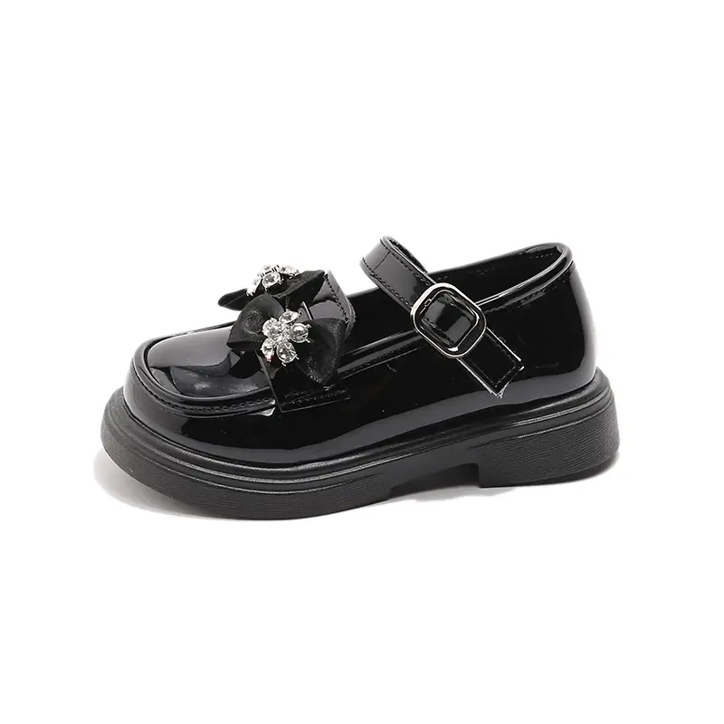 Girls Flats MaryJanes Round Toes Sweet Bows Kids Princess Shoes Black Glossy 2025 Summer New Children Leather Shoes Soft Sole