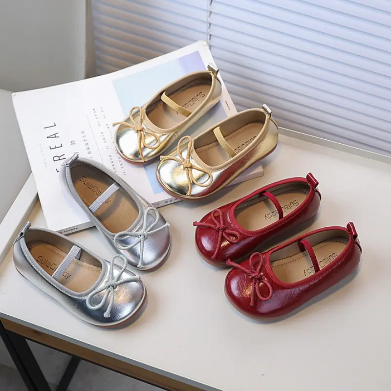 2025 Trend New Little Girl Leather Shoes Red Ballet Versatile Children's Flats Round-toe Bowknot Kids Princess Loafers Non-slip