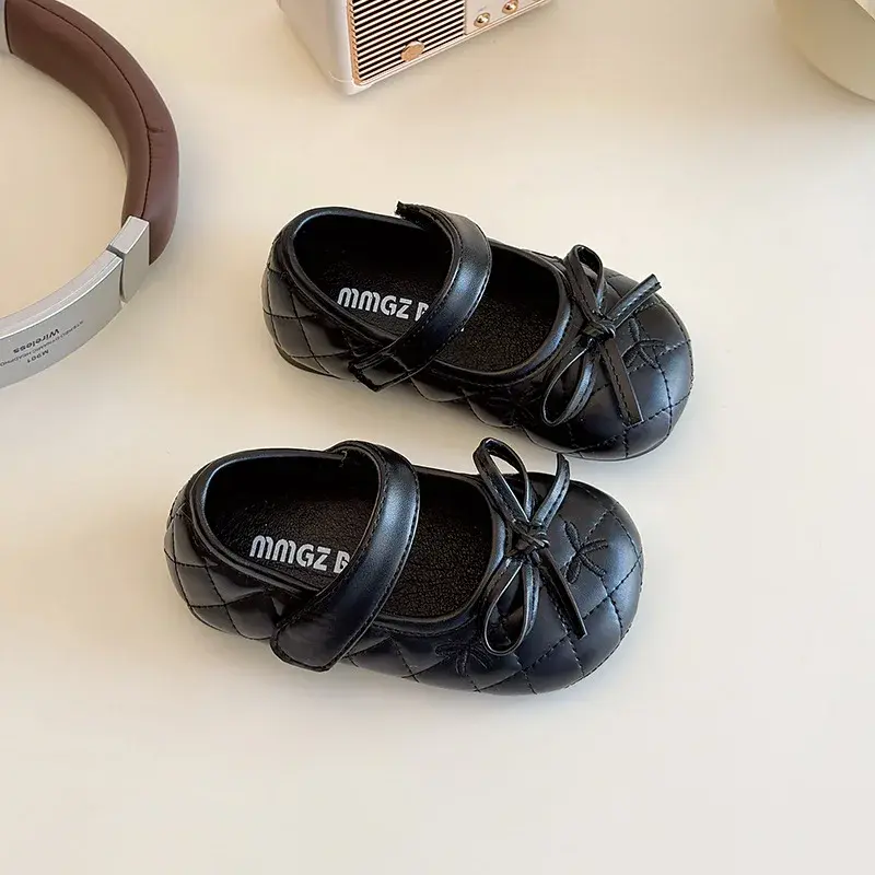 2025 Children Leather Shoes for Girls Spring Autumn New Fashion Korean Style Soft Sole Non-slip Versatile Princess Bowtie Shoes