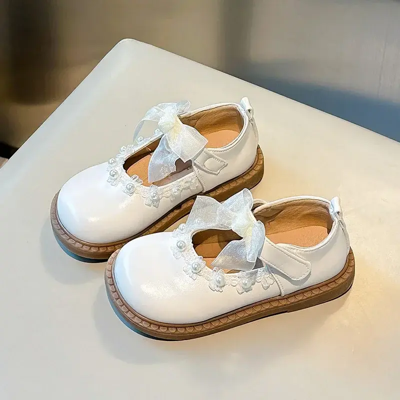 Girls Leather Shoes Round Toes Mesh Lace Bows 2025 New Kids Princess Shoes Non-slip Soft Girls Flat Shoes Elegant Sweet Flowers