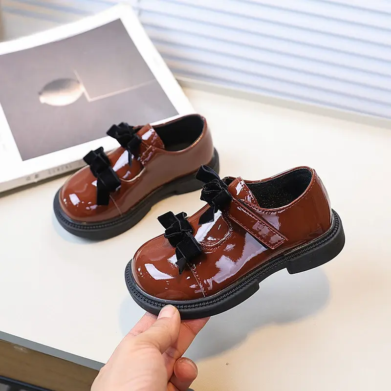 Children Black Mary Jane Shoes Glossy PU Girls Causal Leather Shoes with Bowknot New Sweet Kids Princess School Uniform Shoes