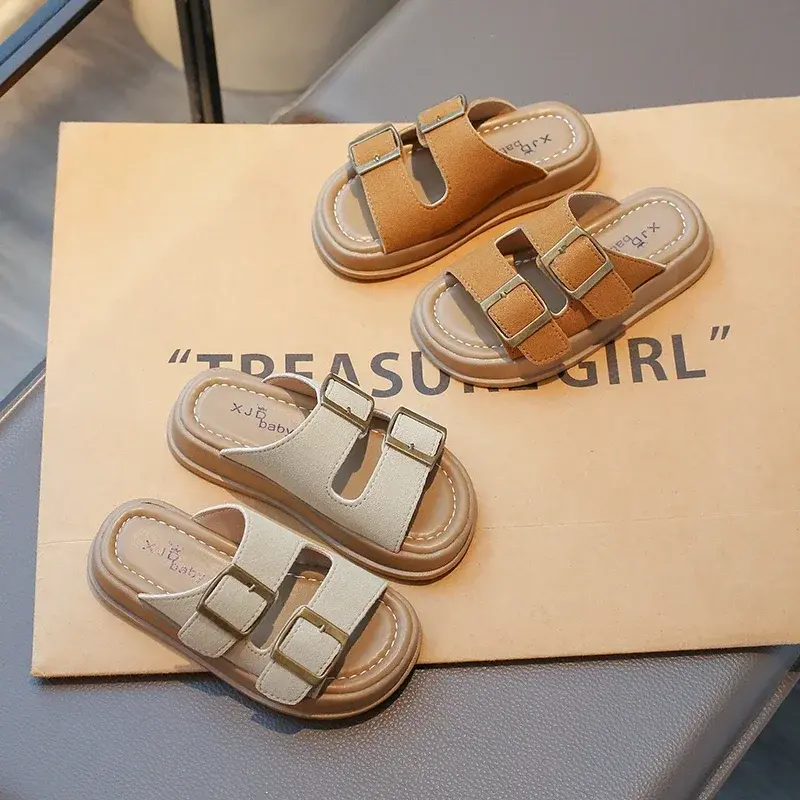 Kids Beach Shoes Outdoors Korean Style 2025 Summer New Boys Girls Slippers Non-slip Sof Sole Children Sandals Buckle Decoration