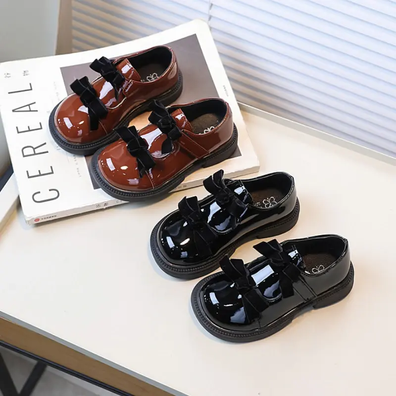 Children Black Mary Jane Shoes Glossy PU Girls Causal Leather Shoes with Bowknot New Sweet Kids Princess School Uniform Shoes