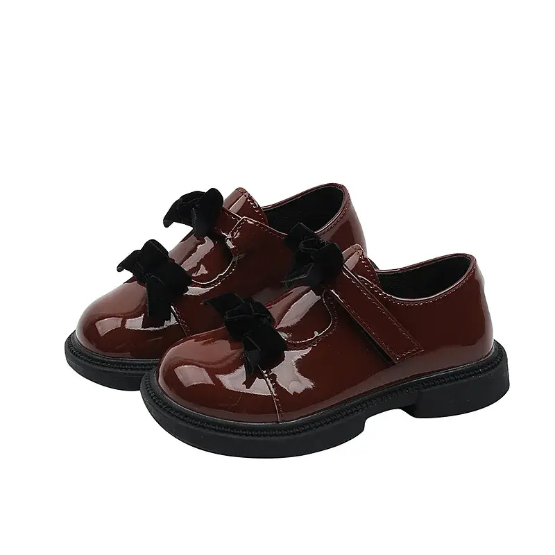 Children Black Mary Jane Shoes Glossy PU Girls Causal Leather Shoes with Bowknot New Sweet Kids Princess School Uniform Shoes