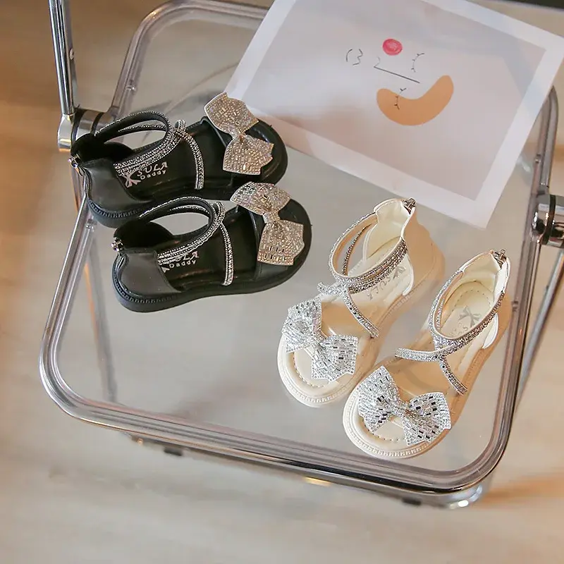 Rhinestones Baby Sandals GLADIATOR Bow Chic Elegant Girls Sandals Children Fashion Performance Shoes for Party Wedding Kids PU