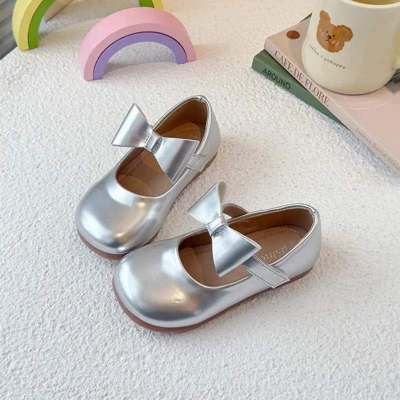 Kids Princess Shoes Solid Color Versatile Girls Flat Shoes Sweet Bows 2025 New Children Leather Shoes Round Toes Ins Trendy