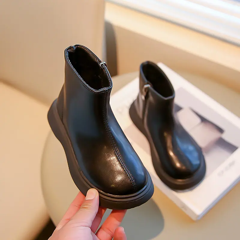 Spring Autumn Children Boots Chunky Zipper Black Brown Leather Kids Causal Single Boots Fashion Simple Style Girls Ankle Boots