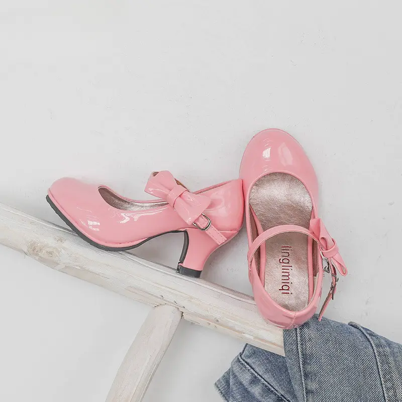 Girls Princess Leather Shoes Glossy PU Fashion Kids Sweet Bowtie Dress Shoes for Ballet Spring Autumn Children High Heels Causal