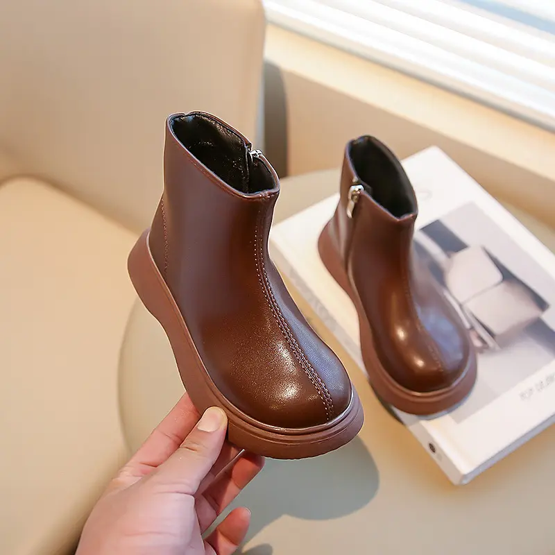 Spring Autumn Children Boots Chunky Zipper Black Brown Leather Kids Causal Single Boots Fashion Simple Style Girls Ankle Boots