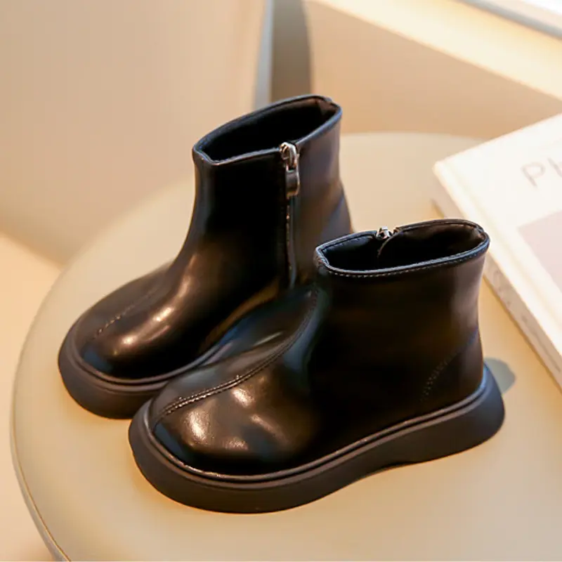 Spring Autumn Children Boots Chunky Zipper Black Brown Leather Kids Causal Single Boots Fashion Simple Style Girls Ankle Boots