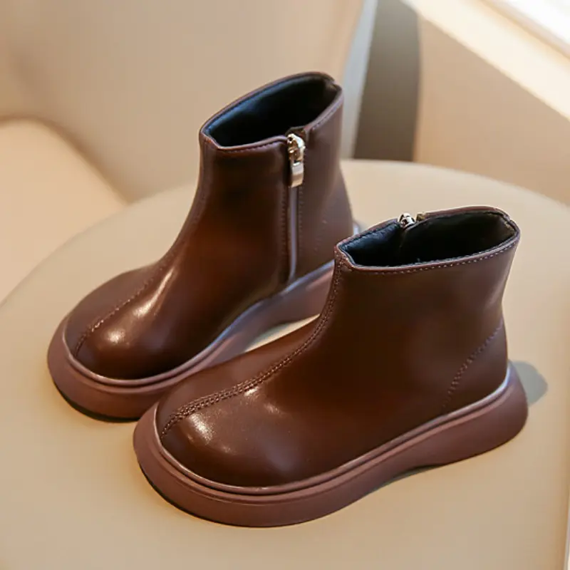 Spring Autumn Children Boots Chunky Zipper Black Brown Leather Kids Causal Single Boots Fashion Simple Style Girls Ankle Boots