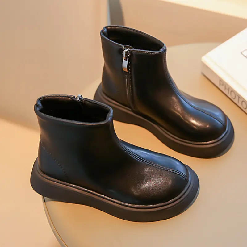 Spring Autumn Children Boots Chunky Zipper Black Brown Leather Kids Causal Single Boots Fashion Simple Style Girls Ankle Boots