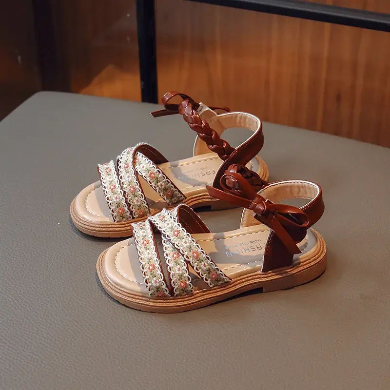 Children's Sandals Girl Summer Sweet Fashion Embroider Kids Outdoor Open-toe Flats Beach Shoes Causal Versatile Princess Sandals