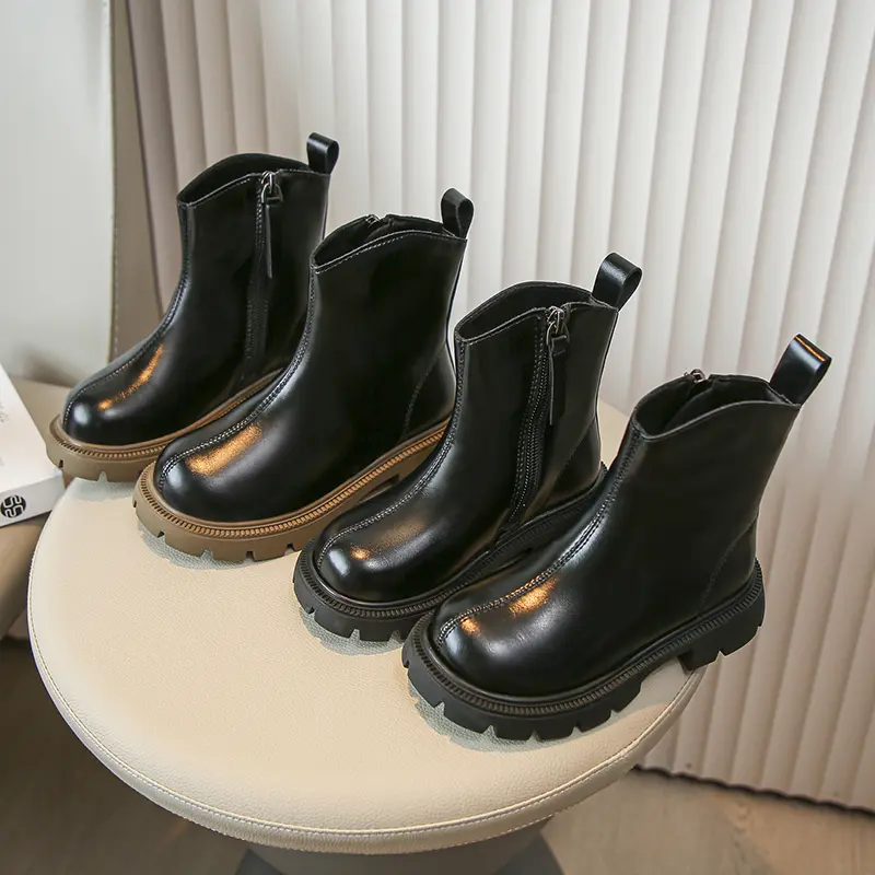 Girls Ankle Boots Side Zipper Children Fashion Leather Boots Non-slip Kids Black Short Boots Anti-Slippery 2024 Winter New