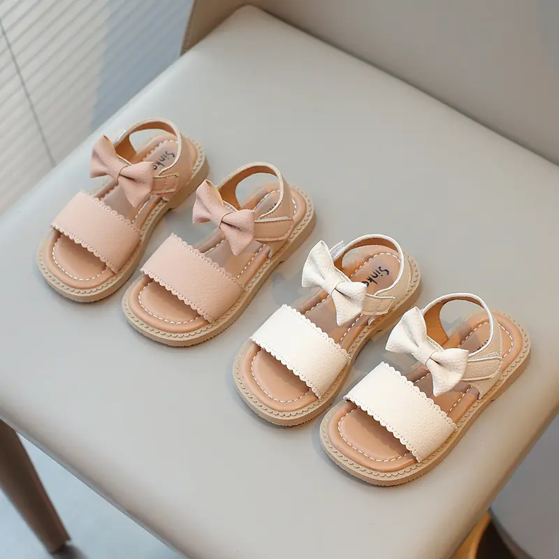 Toddlers Girls Sandals Little Kids Beach Shoes 2024 Summer Brand New Children Flat Sandals Sweet Princess with Bowtie Open Toes