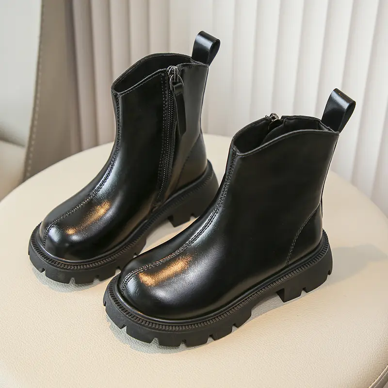 Girls Ankle Boots Side Zipper Children Fashion Leather Boots Non-slip Kids Black Short Boots Anti-Slippery 2024 Winter New