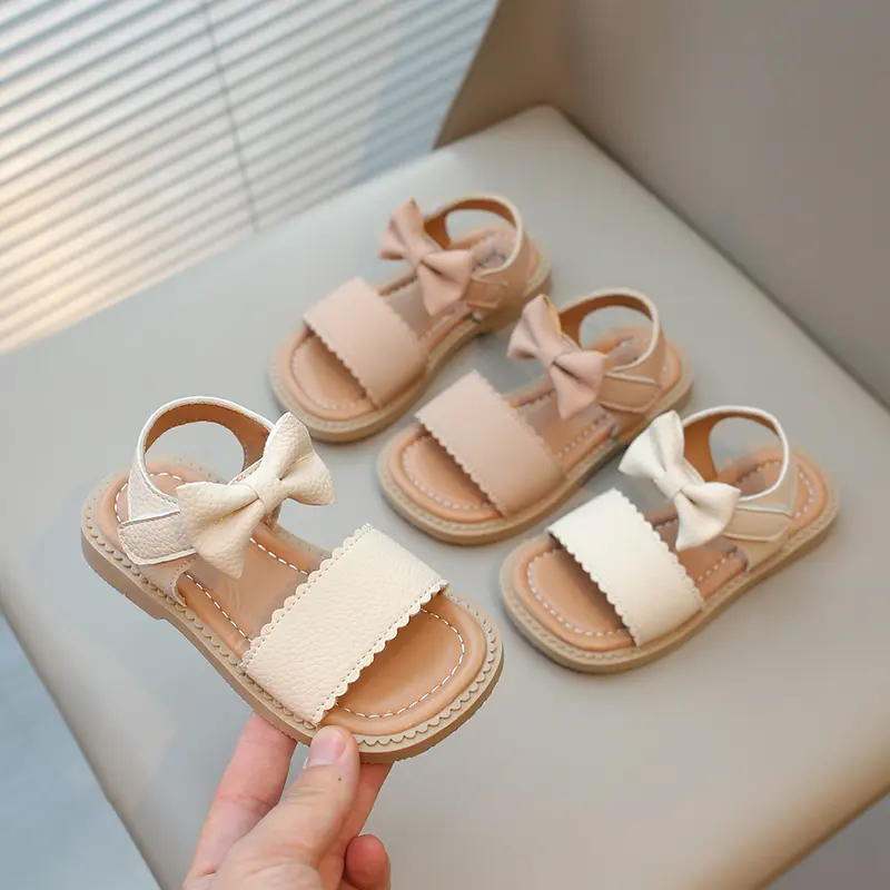 Toddlers Girls Sandals Little Kids Beach Shoes 2024 Summer Brand New Children Flat Sandals Sweet Princess with Bowtie Open Toes