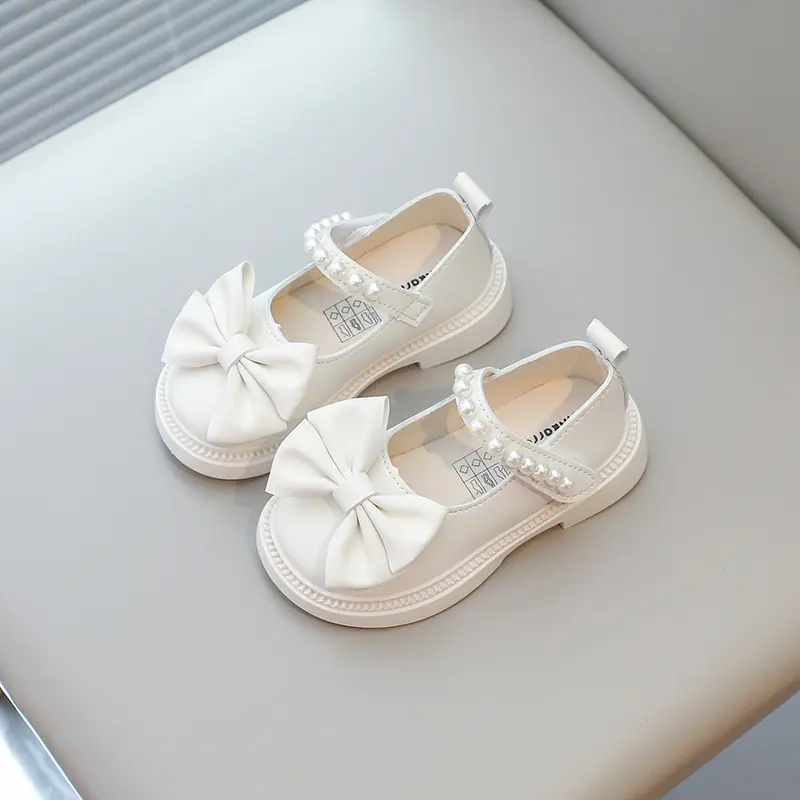 Girls Casual Shoes Kids PU Leather Shoes with Beads Bow-knot Sweet Cute Fashion Princess Children Wedding Dress Party Flats Soft