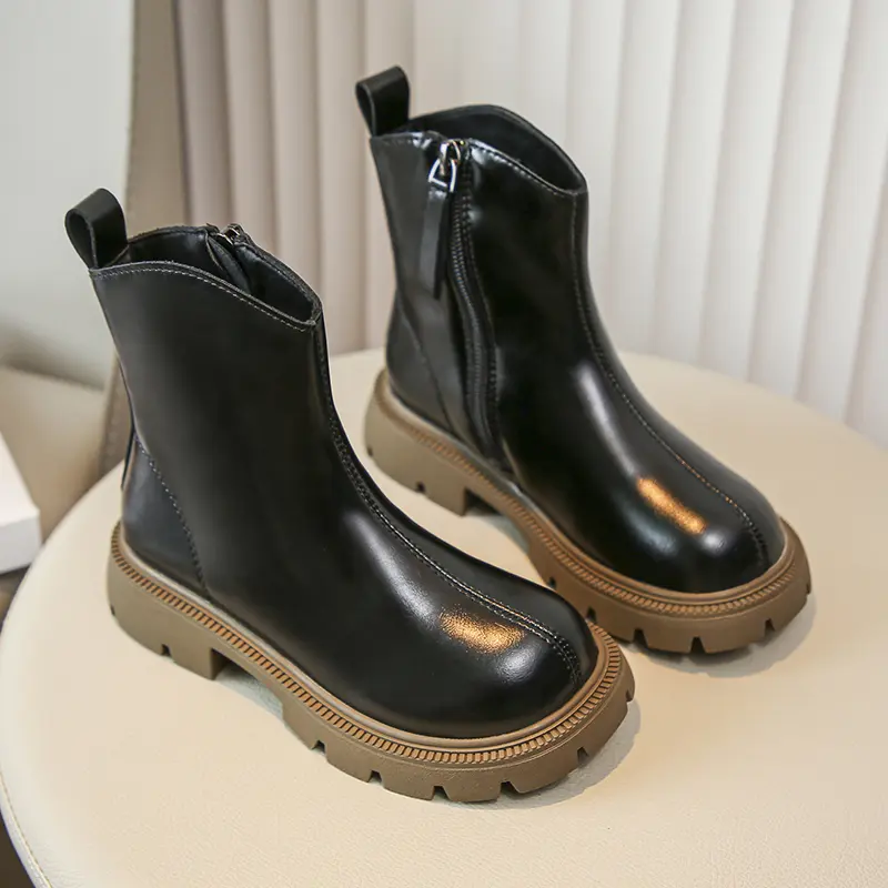 Girls Ankle Boots Side Zipper Children Fashion Leather Boots Non-slip Kids Black Short Boots Anti-Slippery 2024 Winter New