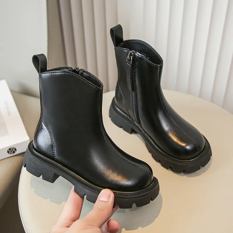 Girls Ankle Boots Side Zipper Children Fashion Leather Boots Non-slip Kids Black Short Boots Anti-Slippery 2024 Winter New