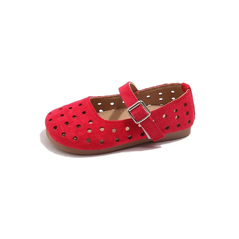 Girls Flats Round Toes Sweet Children Leather Shoes Hollowed-out Dots Elegant 2025 New Fashion Kids Princess Dance Shoes Soft