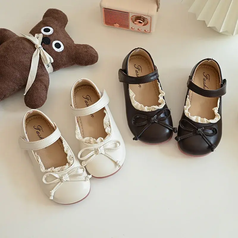 2024 Children Leather Shoes for Girls Autumn New Sweet Bowtie Fashion French Style Soft Bottom Elegant Lace Versatile Chic Shoes