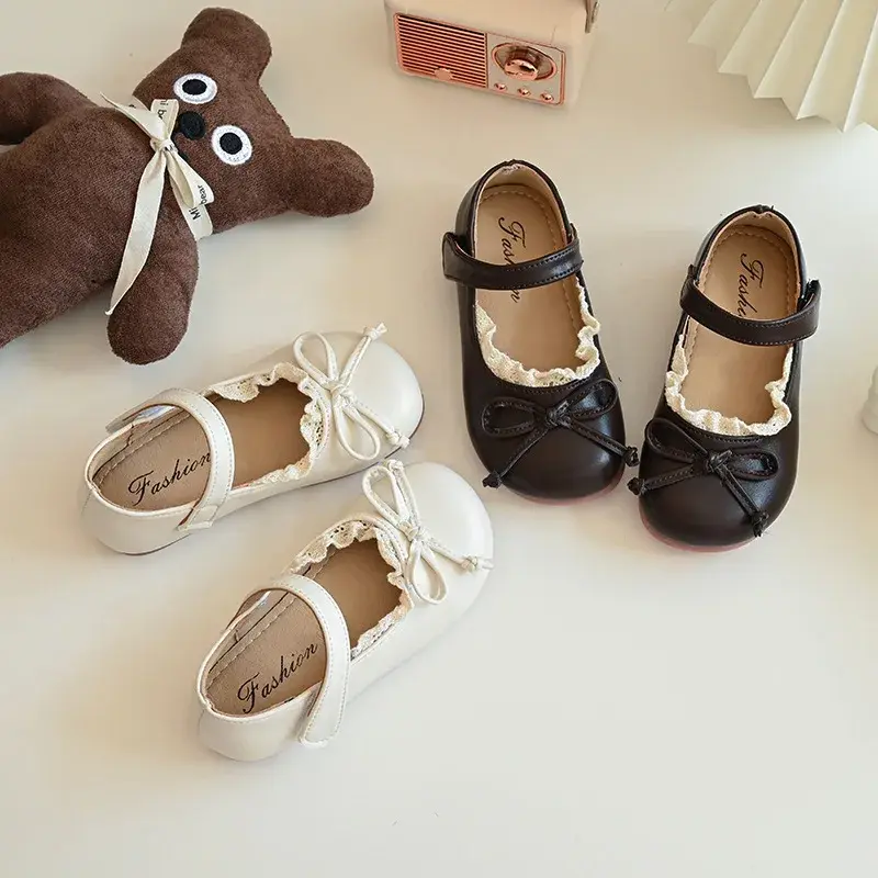 2024 Children Leather Shoes for Girls Autumn New Sweet Bowtie Fashion French Style Soft Bottom Elegant Lace Versatile Chic Shoes