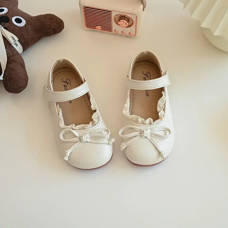 2024 Children Leather Shoes for Girls Autumn New Sweet Bowtie Fashion French Style Soft Bottom Elegant Lace Versatile Chic Shoes