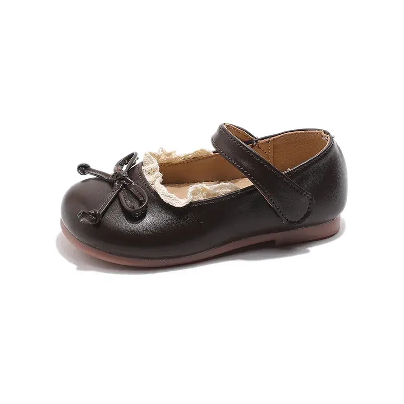 2024 Children Leather Shoes for Girls Autumn New Sweet Bowtie Fashion French Style Soft Bottom Elegant Lace Versatile Chic Shoes