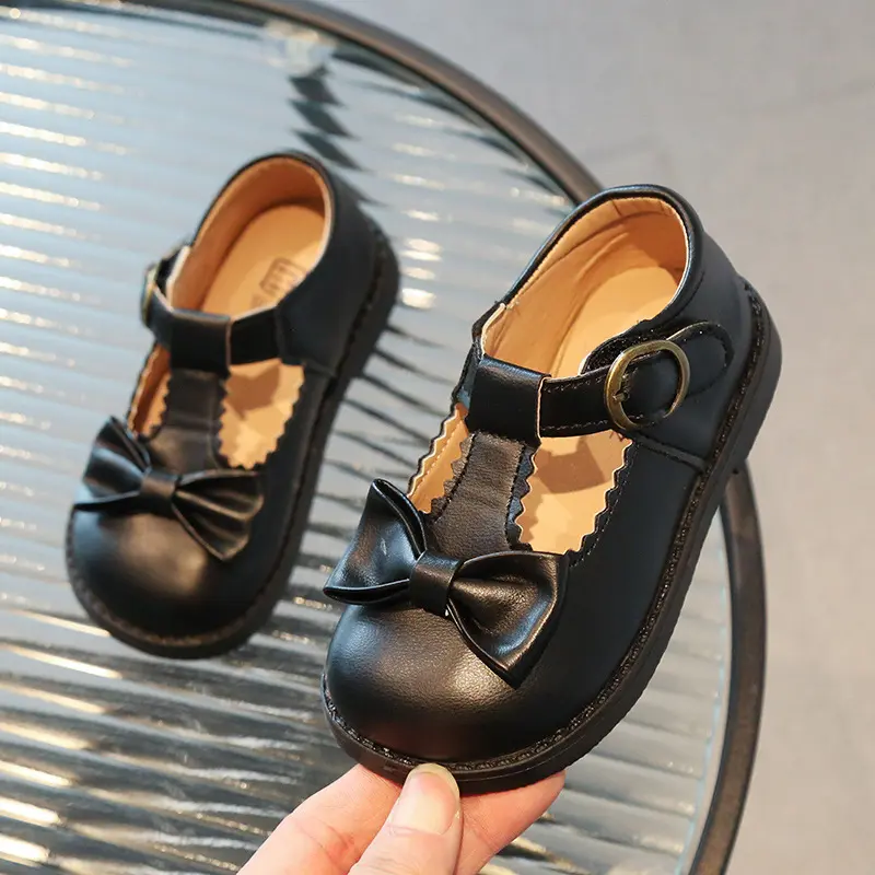 Children's Leather Shoes Spring Autumn Black School Girl Shoes Sweet Bowknot Kids Fashion Causal Princess Cut-outs Flat Shoes