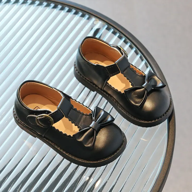 Children's Leather Shoes Spring Autumn Black School Girl Shoes Sweet Bowknot Kids Fashion Causal Princess Cut-outs Flat Shoes