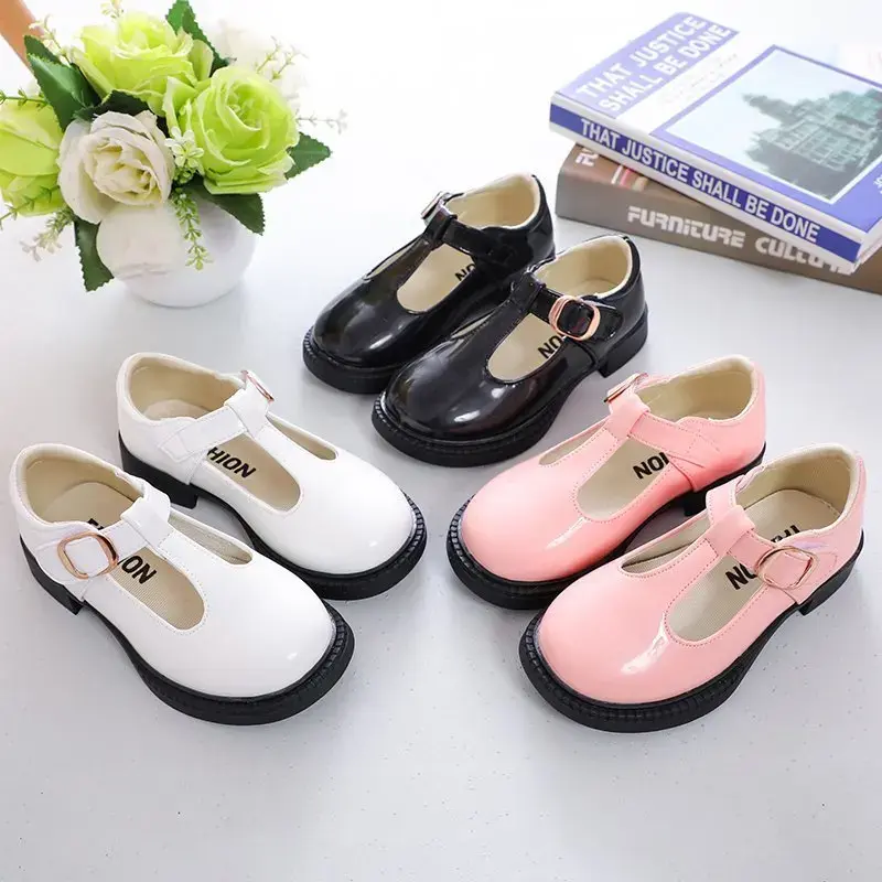 Children Leather Shoes for School Party Black White Girls Dress Shoes Kids Leather Flats T-strap Simple Classic Buckle 26-36 New