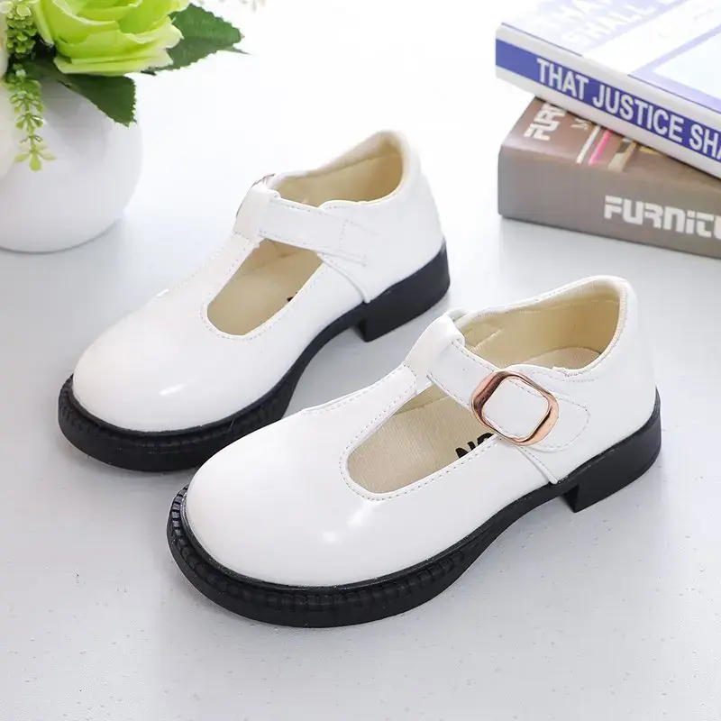 Children Leather Shoes for School Party Black White Girls Dress Shoes Kids Leather Flats T-strap Simple Classic Buckle 26-36 New