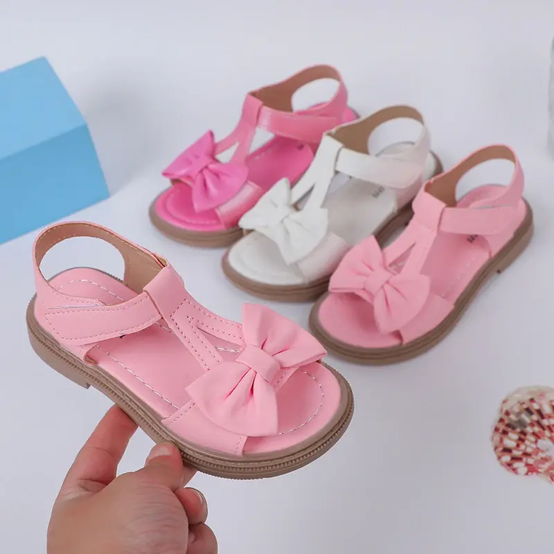 2024 Toddler Girl Shoes Bow Korean Style Soft Summer New Simple Girls Sandals Platform Non-slip Open-toe Kids Shoes Hook & Loop