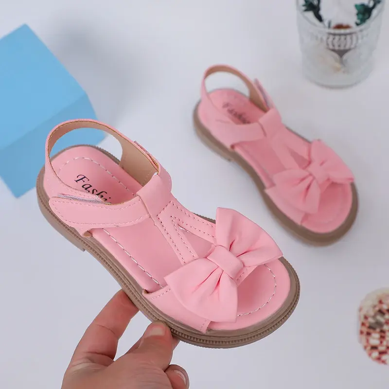 2024 Toddler Girl Shoes Bow Korean Style Soft Summer New Simple Girls Sandals Platform Non-slip Open-toe Kids Shoes Hook & Loop