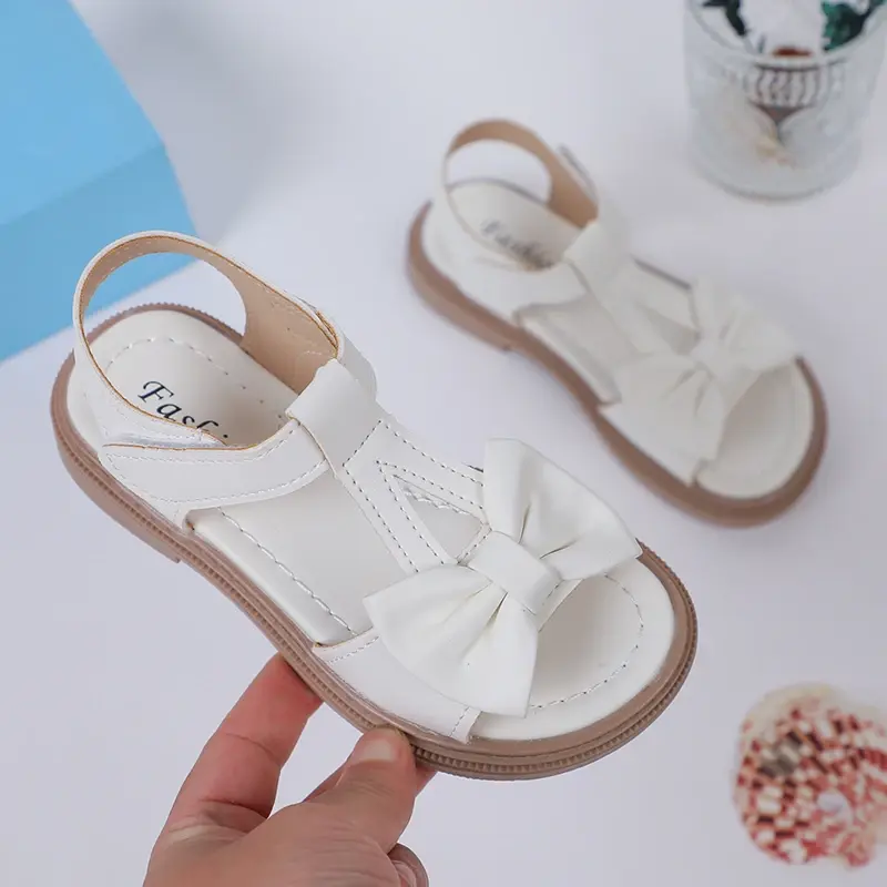 2024 Toddler Girl Shoes Bow Korean Style Soft Summer New Simple Girls Sandals Platform Non-slip Open-toe Kids Shoes Hook & Loop