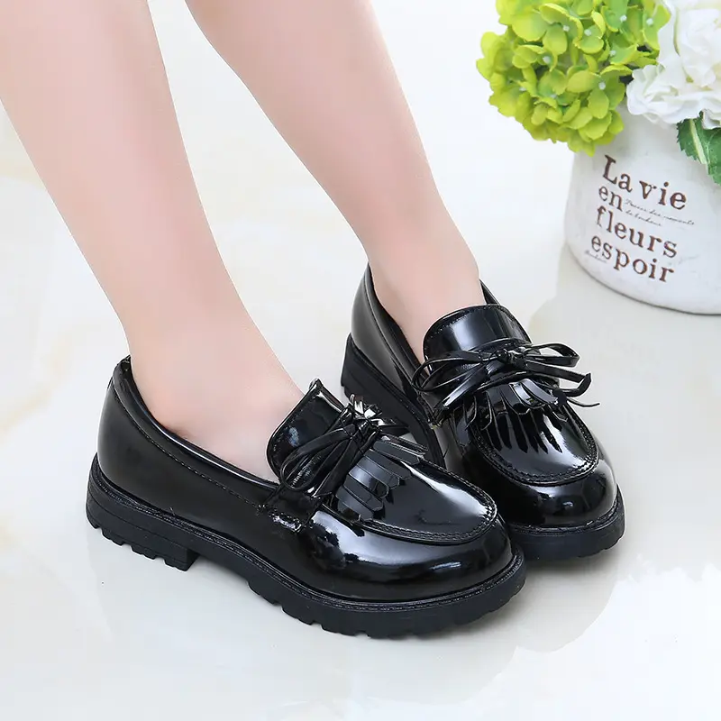Girls Performance Leather Shoes Bow-knot with Tassels Chic Princess Loafers Slip-on Kids Flats for Wedding Party Children Shoes
