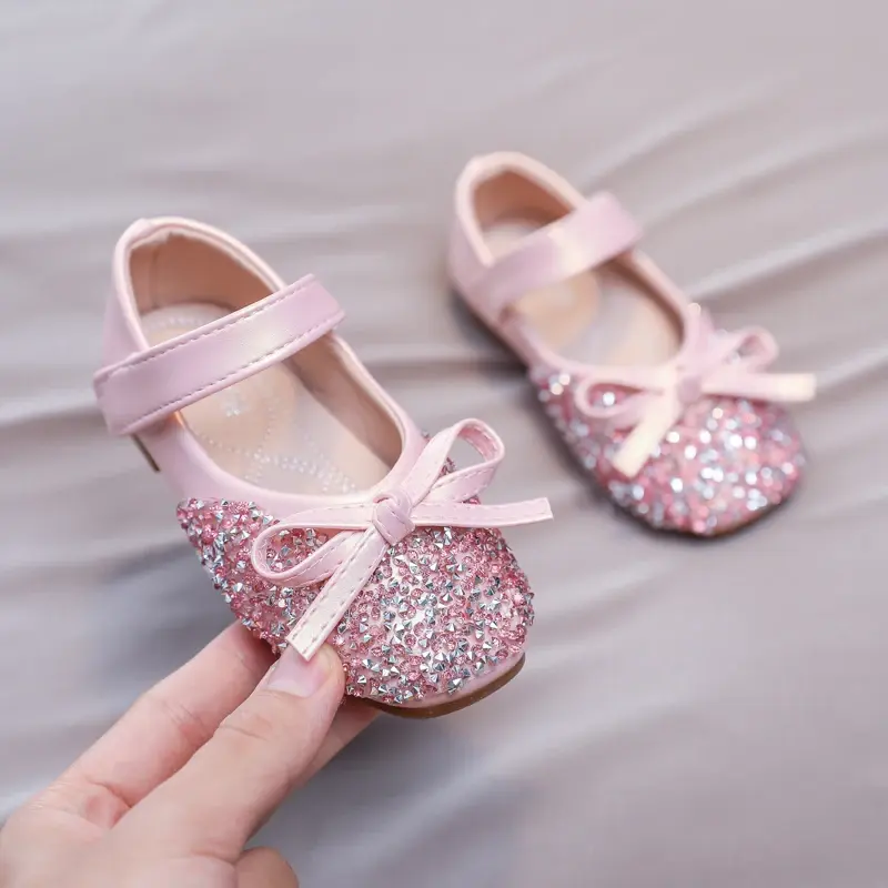 Luxury Girl Shoes Rhinestone Chic Children's Leather Shoes Spring Autumn Bowknot Kids Fashion Princess Causal Party Flat Shoes