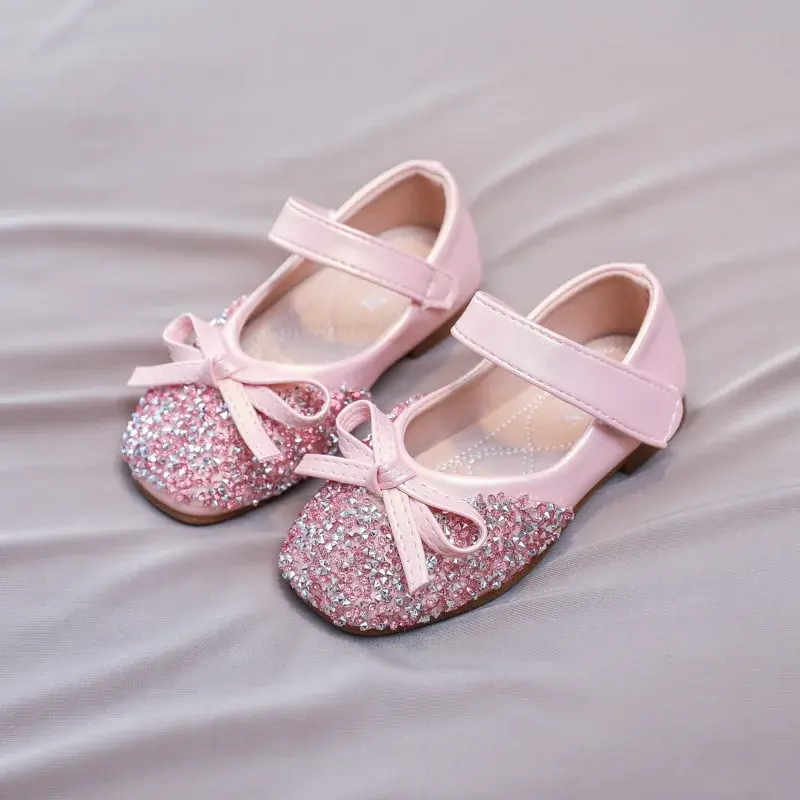 Luxury Girl Shoes Rhinestone Chic Children's Leather Shoes Spring Autumn Bowknot Kids Fashion Princess Causal Party Flat Shoes