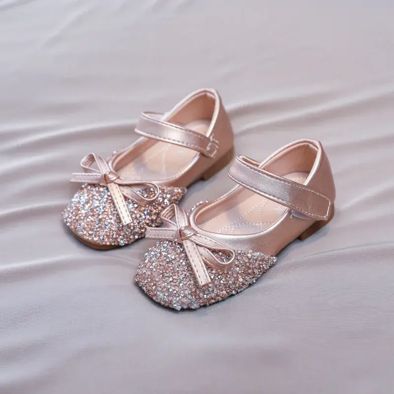 Luxury Girl Shoes Rhinestone Chic Children's Leather Shoes Spring Autumn Bowknot Kids Fashion Princess Causal Party Flat Shoes