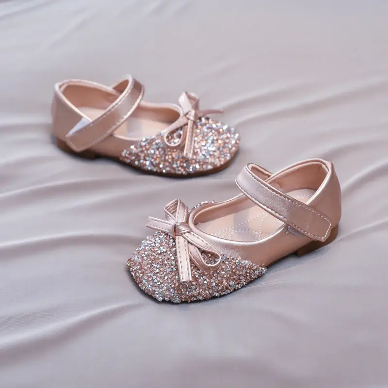Luxury Girl Shoes Rhinestone Chic Children's Leather Shoes Spring Autumn Bowknot Kids Fashion Princess Causal Party Flat Shoes