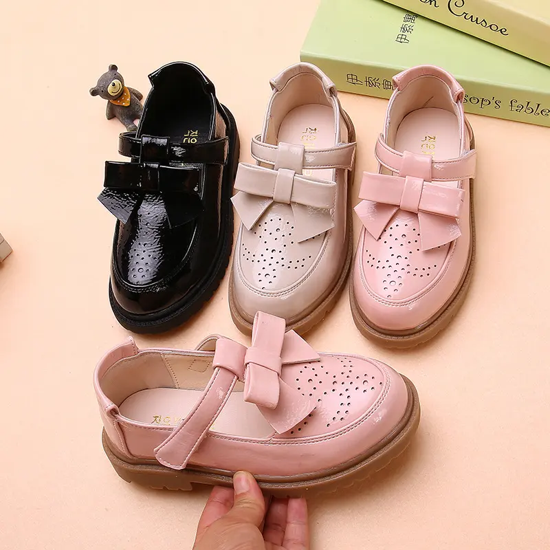 British Style Black School Girl Shoes Glossy Children's Leather Shoes Spring Autumn Bowtie Versatile Kids Causal Princess Shoes