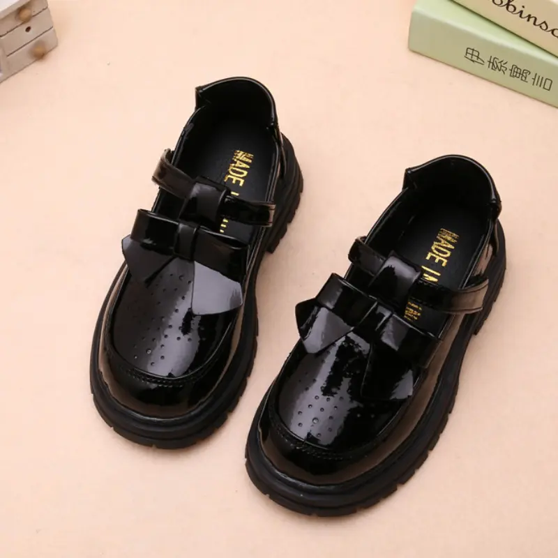British Style Black School Girl Shoes Glossy Children's Leather Shoes Spring Autumn Bowtie Versatile Kids Causal Princess Shoes