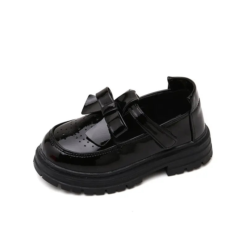 British Style Black School Girl Shoes Glossy Children's Leather Shoes Spring Autumn Bowtie Versatile Kids Causal Princess Shoes