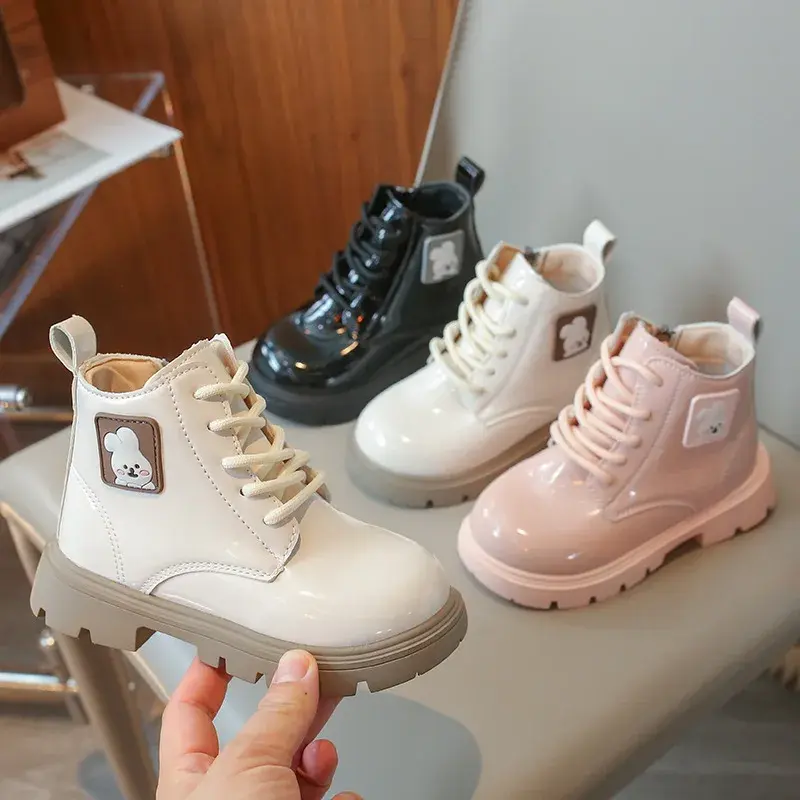 Kids Leather Boots 2024 Autumn New Patent Leather Glossy Short Boots with Cute Rabbit Toddler Girls Fashion Versatile Ankle Boot