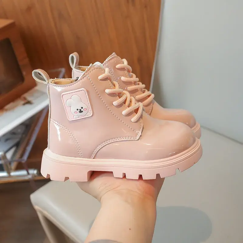 Kids Leather Boots 2024 Autumn New Patent Leather Glossy Short Boots with Cute Rabbit Toddler Girls Fashion Versatile Ankle Boot
